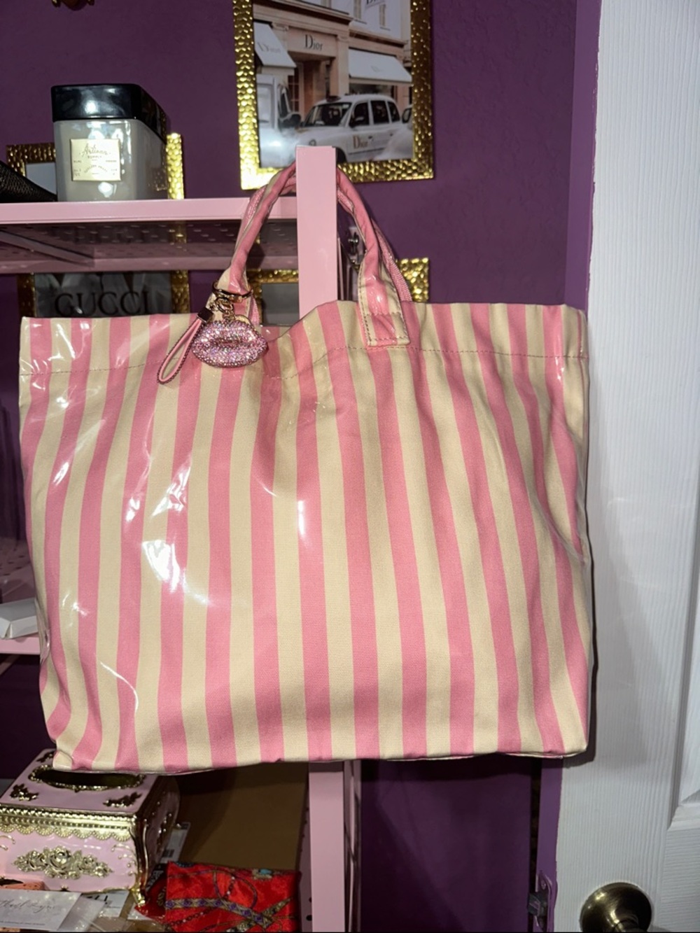 Pink & Cream Striped Tote with Kiss Charm